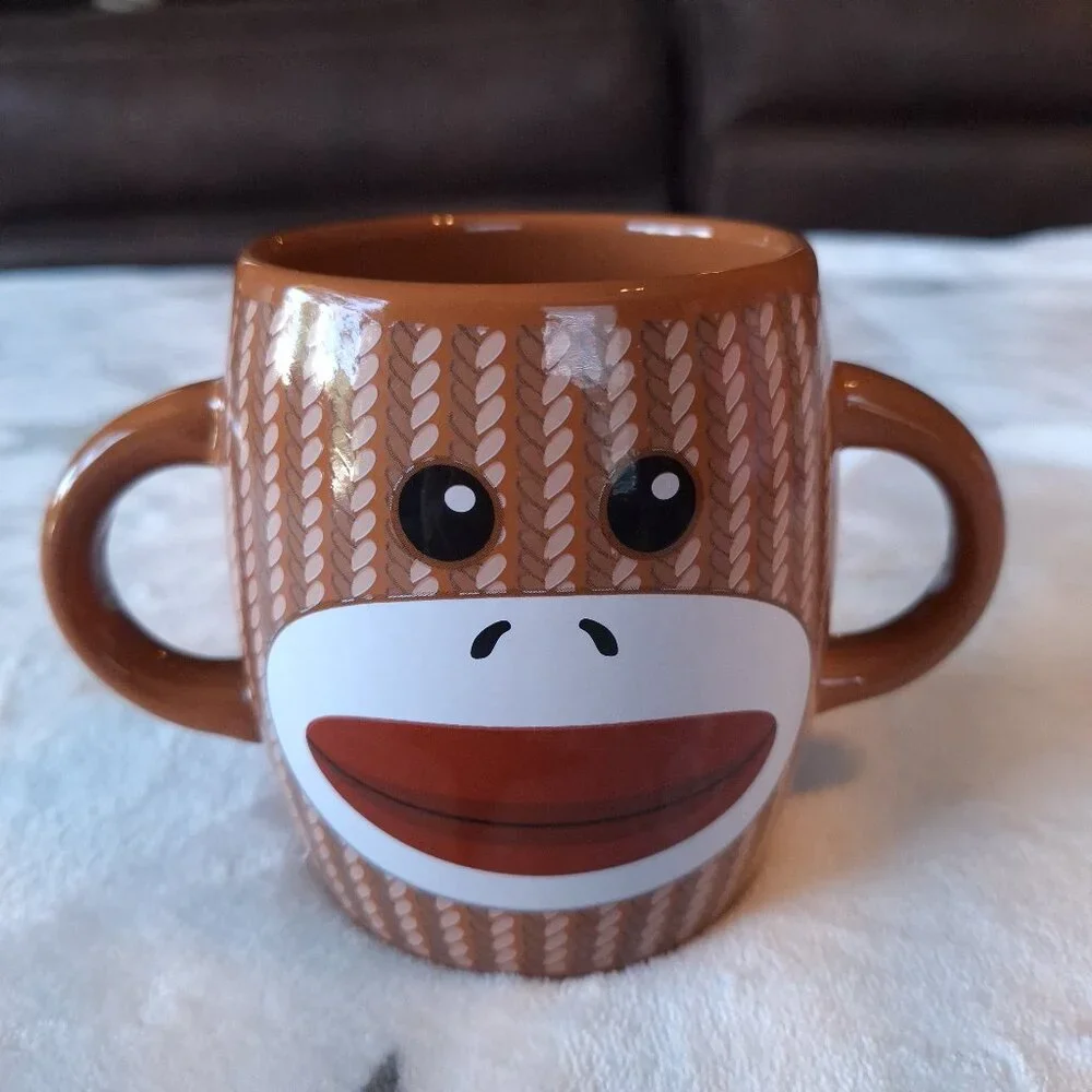 Sock Monkey Mug by Galerie - 2 Handle Coffee Cup - Brown - 16oz